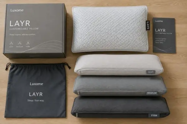 Luxome LAYR customizable pillow unboxing showing three separate inserts with individual covers and storage pouch