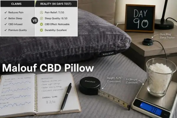 Malouf CBD pillow 90-night scientific testing setup with sleep tracking equipment and data documentation