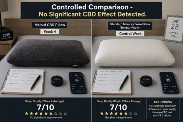 Case study showing sleep improvement with Malouf CBD pillow but unclear if CBD or pillow quality responsible