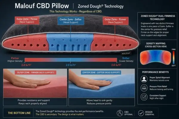 Malouf CBD pillow Zoned Dough technology cross-section showing dual-firmness zones for head and neck support