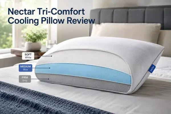Nectar Tri-Comfort Cooling pillow showing three firmness zones soft medium firm with color-coded tags
