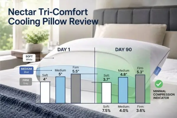 Nectar Tri-Comfort pillow 90-night compression test showing minimal loft loss in all three zones after extended use