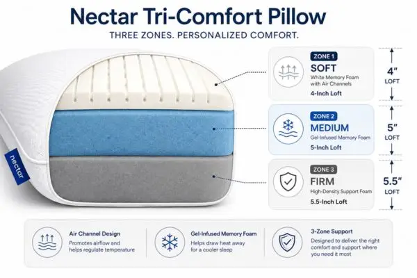 Tri-Comfort pillow three-zone construction diagram showing soft medium firm layers with loft measurements