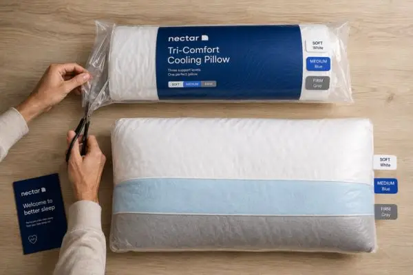 Nectar Tri-Comfort Cooling pillow unboxing showing vacuum-sealed packaging and three color-coded zone tags