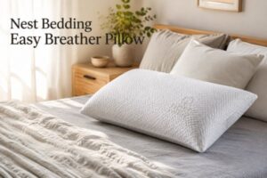 Nest Bedding Easy Breather pillow with white Icecore cover on styled bed in modern bedroom