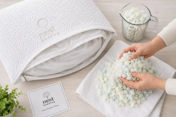 Nest Bedding Easy Breather pillow fill adjustment process showing removable shredded memory foam