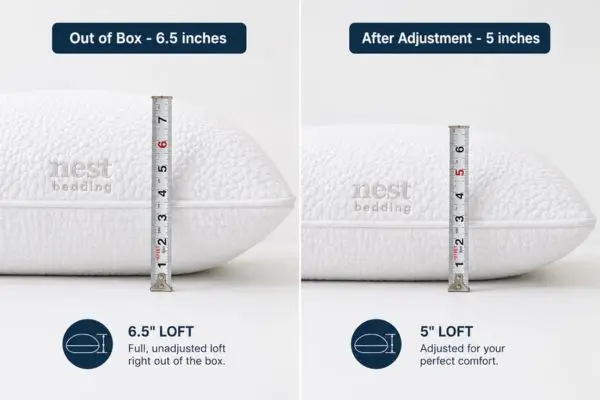 Nest Bedding Easy Breather pillow loft comparison showing 6.5 inches before and 5 inches after fill adjustment