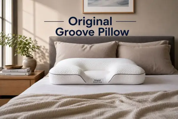 Original Groove Pillow displayed on bed showing ergonomic groove design