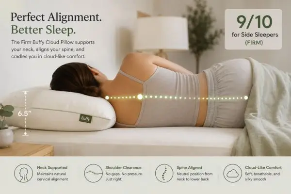 My 90-Night Love Affair with the Buffy Cloud Pillow: Why This Eco-Friendly Pillow Changed My Mind About Sustainability 4 Side sleeper using Firm Buffy Cloud Pillow showing perfect spinal alignment and shoulder clearance rated 9/10