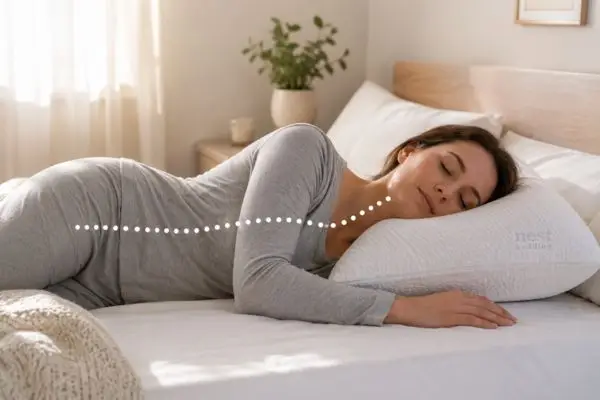 Side sleeper using Nest Bedding Easy Breather pillow showing proper spinal alignment and neck support
