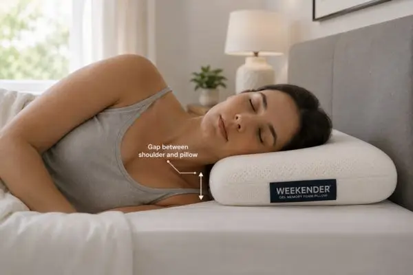Side sleeper on Weekender gel memory foam pillow demonstrating insufficient loft for side sleeping position