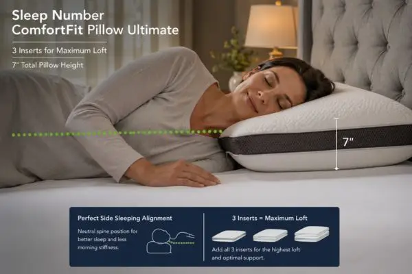 Side sleeper using Sleep Number ComfortFit Pillow Ultimate with three inserts showing optimal shoulder clearance and alignment