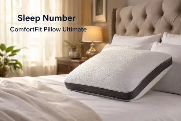 Sleep Number ComfortFit Pillow Ultimate with Lyocell cover on luxury bed in upscale bedroom