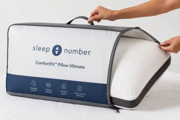 Sleep Number ComfortFit Pillow Ultimate arriving in premium reusable storage bag, fully expanded