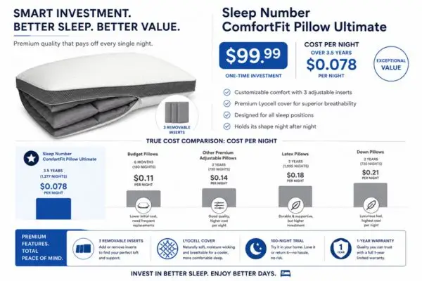 Sleep Number ComfortFit Pillow Ultimate price value analysis showing $0.078 cost per night over 3.5 years