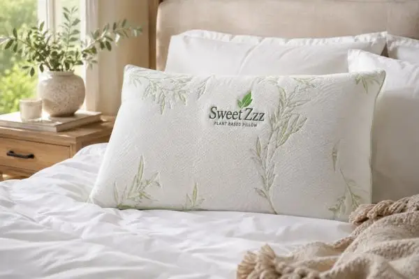 Sweet Zzz plant-based pillow displayed on modern white bedding