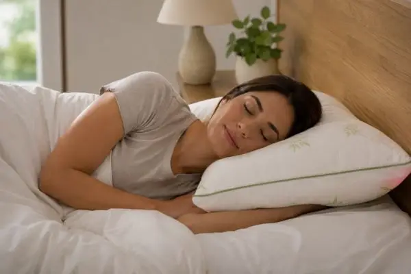 Side sleeper using Sweet Zzz plant-based pillow for alignment

