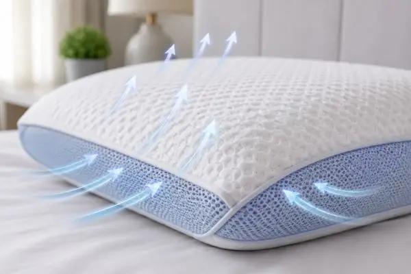 Close-up of breathable cooling pillow cover fabric with subtle airflow illustration overlay, soft neutral bedroom background, realistic lighting

