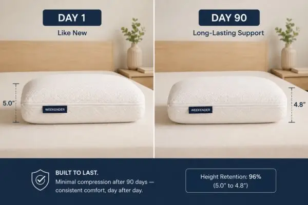 Side-by-side comparison of the Weekender pillow on Day 1 versus Day 90. Same angle, same lighting conditions. Slight measurement overlay showing 5.0" vs 4.8" to demonstrate minimal compression. Professional documentation style photography. Neutral background, consistent positioning. Both pillows have similar appearance showing good shape retention. Clinical, objective presentation style.