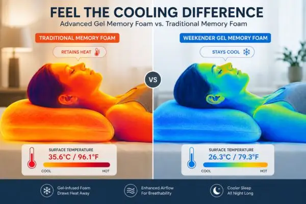Cooling gel technology comparison showing temperature regulation in Weekender memory foam pillow