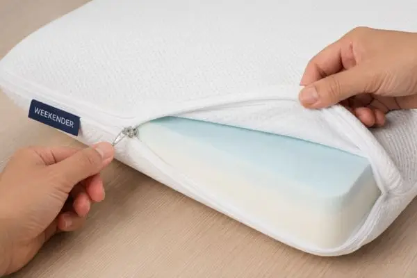 Removable washable cover being unzipped from Weekender gel memory foam pillow core