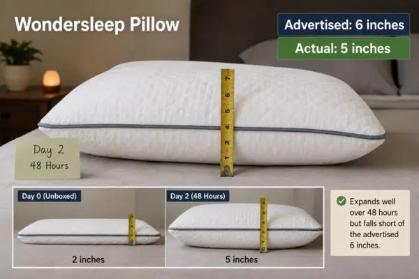 Wondersleep pillow after 48-hour expansion showing actual 5-inch loft versus advertised 6 inches