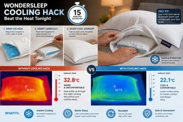 Wondersleep pillow temperature management hack using wrapped ice pack inserted 15 minutes before bed