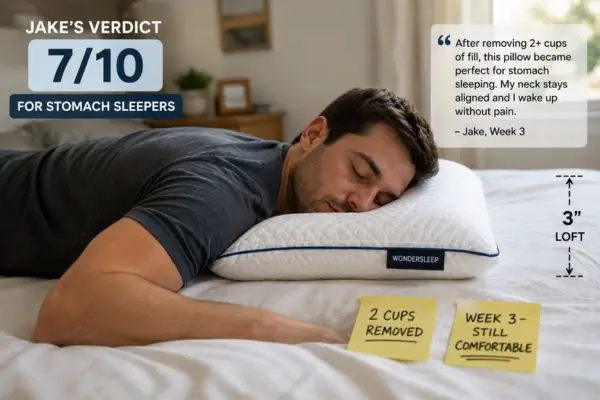 Stomach sleeper case study showing Wondersleep pillow success at 3-inch loft after heavy modification rated 7/10
