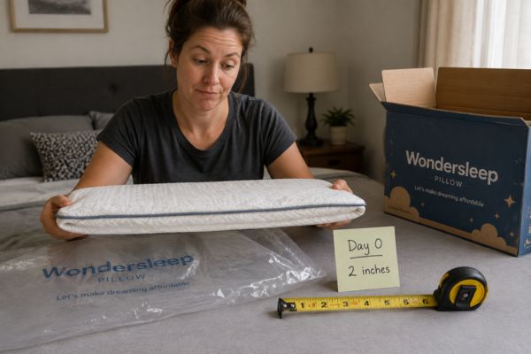 Wondersleep pillow immediately after unboxing showing compressed state at 2 inches before expansion