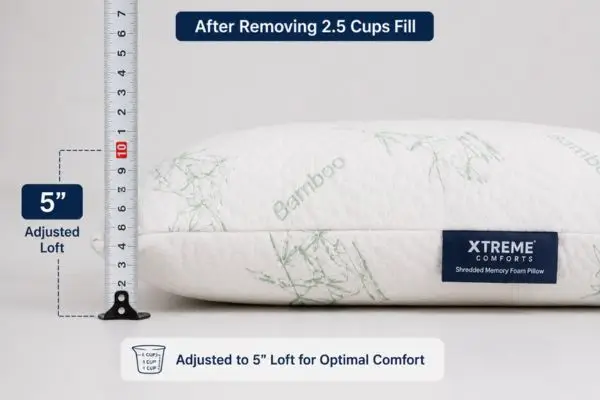 My 45-Night Reality Check: Xtreme Comforts Shredded Memory Foam Pillow – The Truth About Adjustability 4 Xtreme Comforts pillow loft measurement showing 5 inches after fill adjustment for optimal comfort