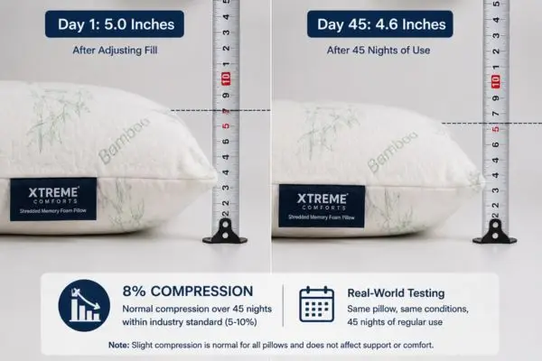My 45-Night Reality Check: Xtreme Comforts Shredded Memory Foam Pillow – The Truth About Adjustability 9 Xtreme Comforts pillow loft compression comparison showing 8% decrease after 45 nights of use