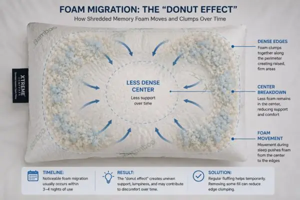 My 45-Night Reality Check: Xtreme Comforts Shredded Memory Foam Pillow – The Truth About Adjustability 5 Foam clumping pattern in Xtreme Comforts pillow showing migration to edges creating donut effect