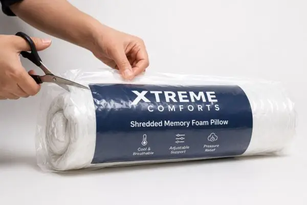 My 45-Night Reality Check: Xtreme Comforts Shredded Memory Foam Pillow – The Truth About Adjustability 2 Xtreme Comforts shredded memory foam pillow arriving vacuum-sealed and compressed in packaging