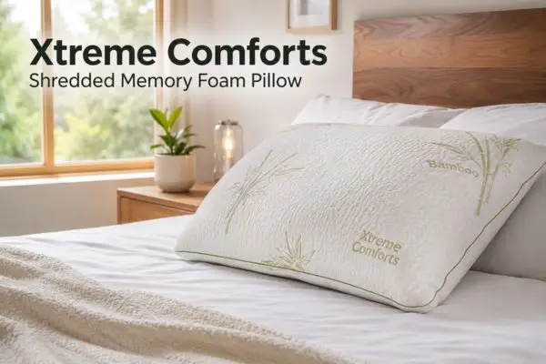 Xtreme Comforts shredded memory foam pillow with bamboo cover on bed in modern bedroom setting
